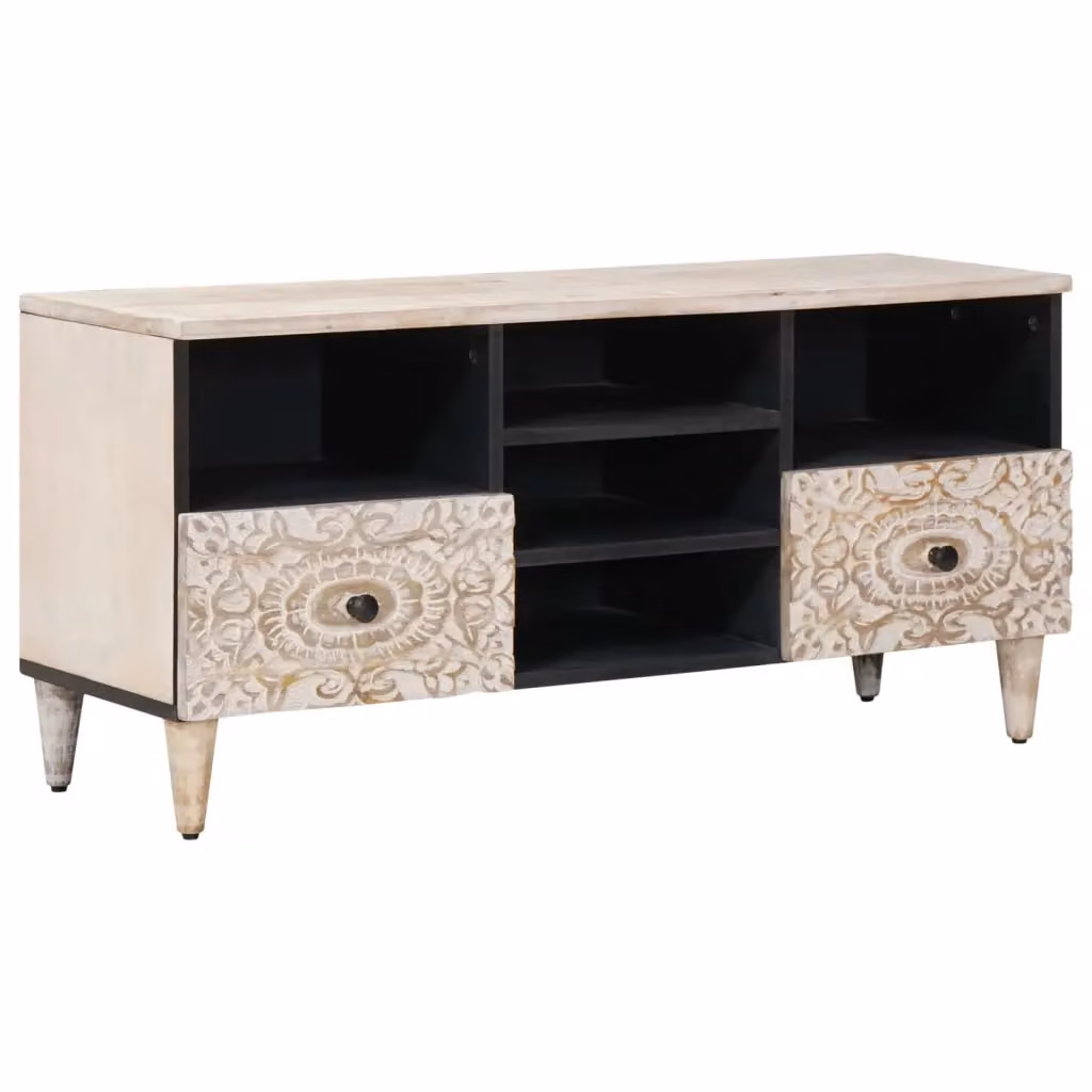 Mobile TV moderno DESIGN IN in legno di mango massello e metallo, colore bianco, L 100 x P 33,5 x H 46 cm – 2