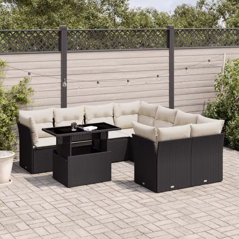 Set di divani da giardino vidaXL in polyrattan nero con cuscini e tavolino da esterno a forma di L