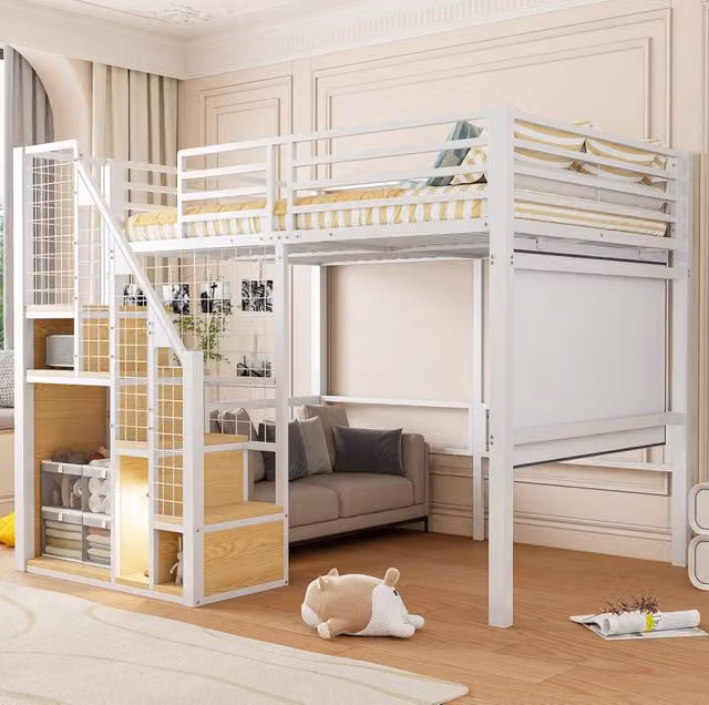 Letto a soppalco 140x200 cm con armadio e scala; in metallo e MDF; bianco