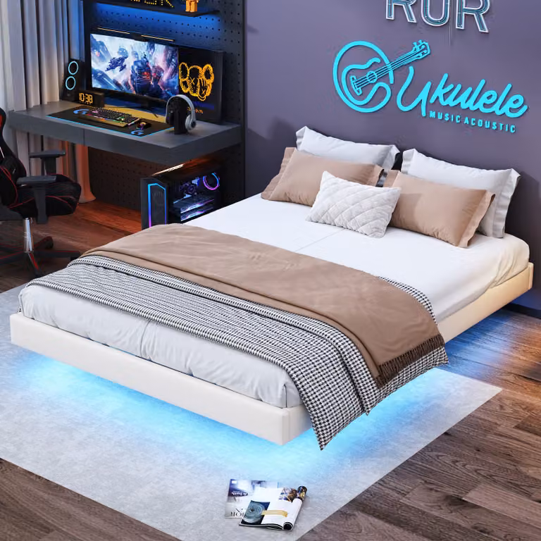 Struttura letto UnboxG 160x200cm con rete a doghe, letto con led, struttura letto galleggiante, letto moderno in metallo, robusto, letto matrimoniale in metallo