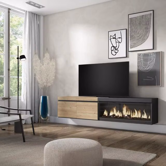 Mobile TV Soggiorno, 208x35x45cm, Per TV fino a 80", Camino elettrico XXL, da appendere, colore Rovere e nero RF3272
