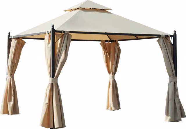 Gazebo da esterno Outsunny multifunzione impermeabile con doppio tettuccio e tende laterali beige, 3x3 m