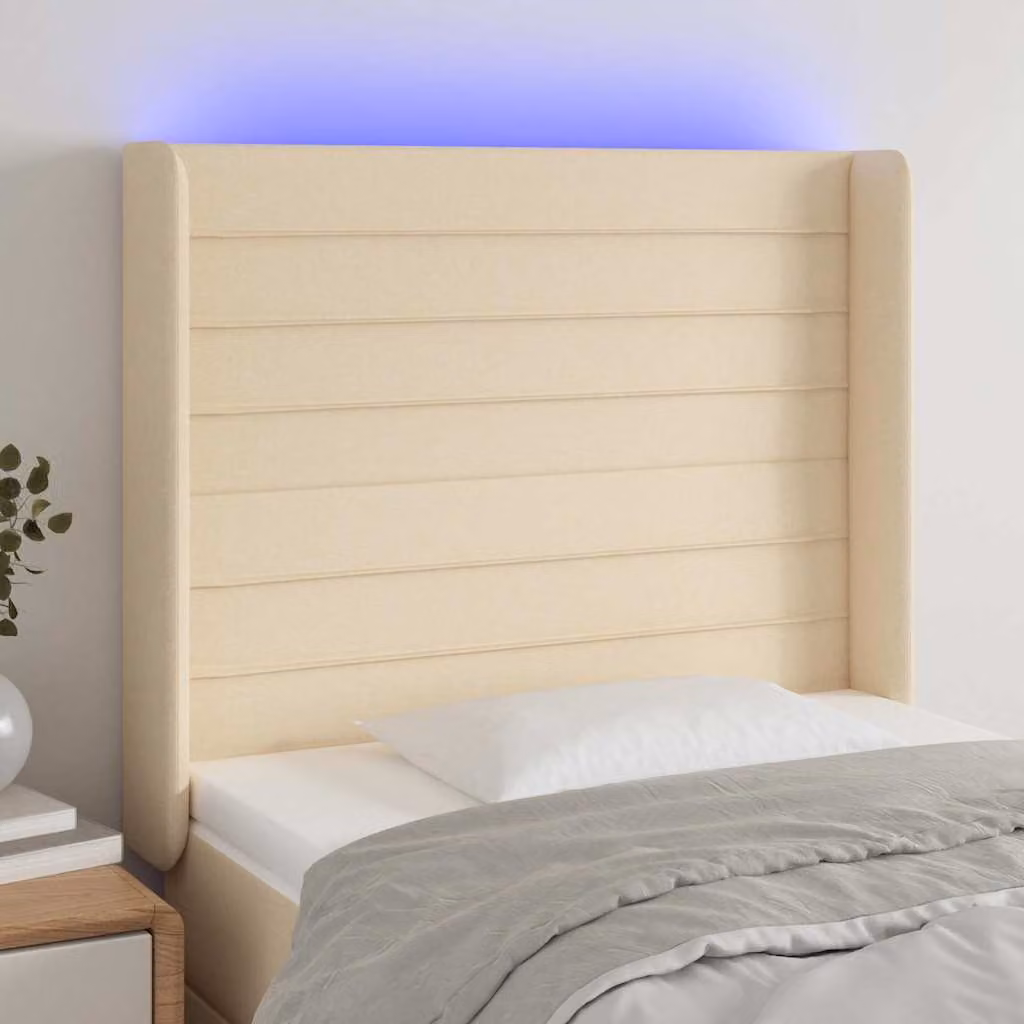 Testiera per letto vidaXL in tessuto beige con illuminazione LED e porta di ricarica USB, L 83 cm, P 16 cm, H 118-128 cm