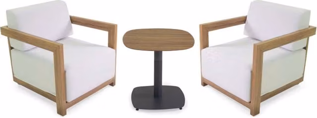 Set salotto da esterno Vacchetti Frederik in alluminio effetto legno con cuscini bianchi, composto da divano a 2 posti, poltrona e tavolino da caffè