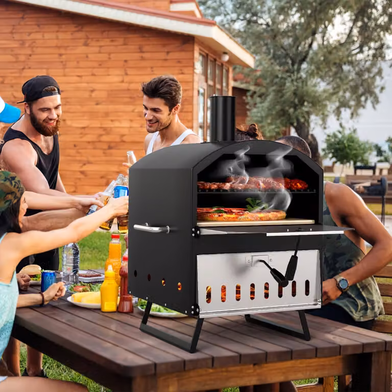 Forno per pizza a legna da esterno Costway a 2 strati con pietra quadrata e copertura, Nero e Argento, 40 cm