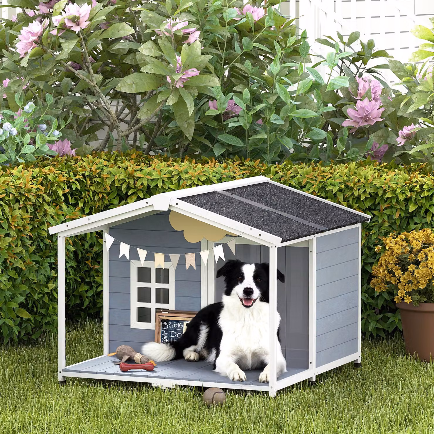 Cuccia per cani di taglia media PawHut in legno grigio con tetto in asfalto e terrazza, resistente alle intemperie e con pavimento rialzato, L: 103 cm, P: 107 cm, H: 83,5 cm – 2