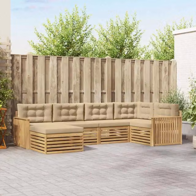 Set di divani da esterno a L vidaXL in legno di acacia con pouf e cuscini, Bianco e Beige – 1