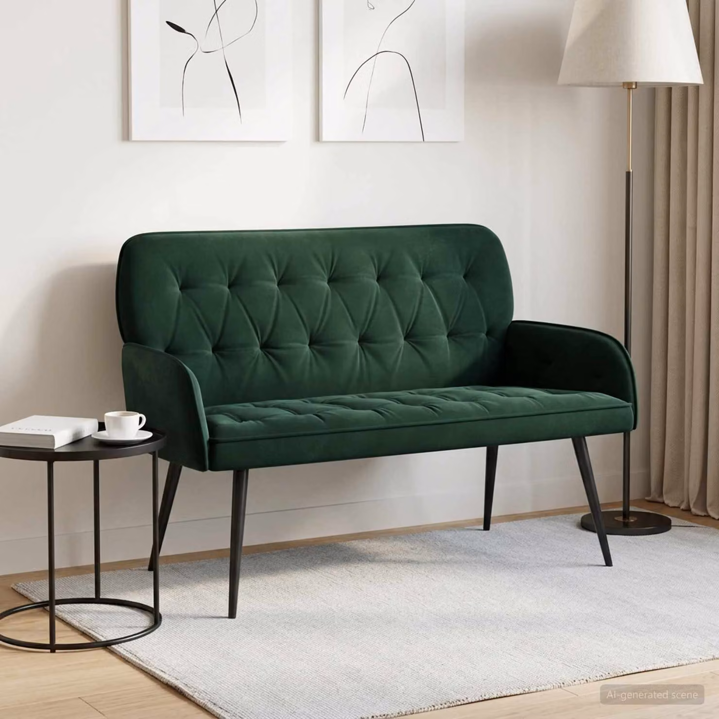 Divano a 2 posti vidaXL in velluto verde scuro con gambe in metallo e legno, stile moderno e lineare per soggiorno o ufficio