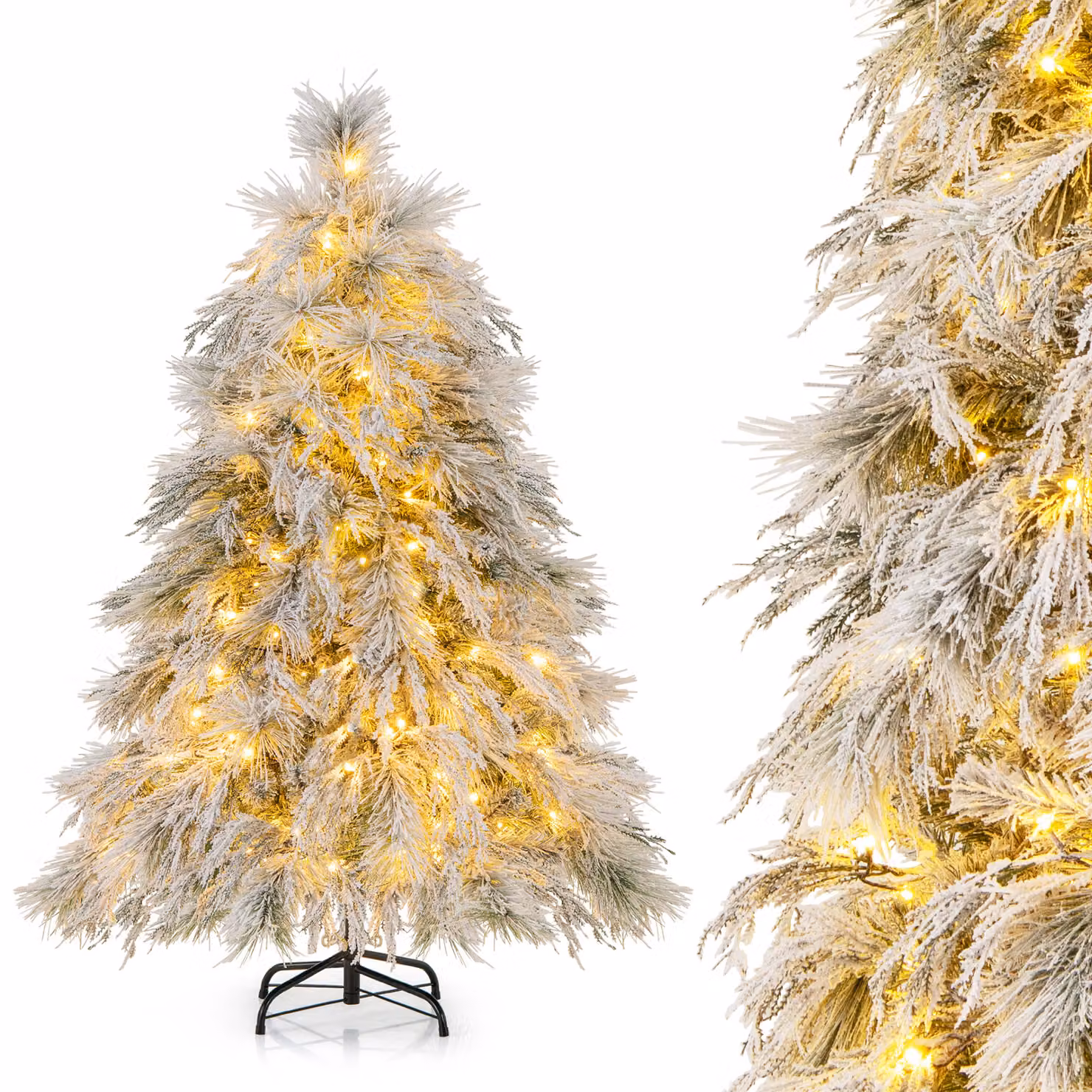 COSTWAY Albero di Natale artificiale con neve, albero di Natale con luci LED bianche calde e 279 punte di rami, albero di Natale con supporto in metallo, albero artificiale per decorazione festiva per interni esterni (150 cm)