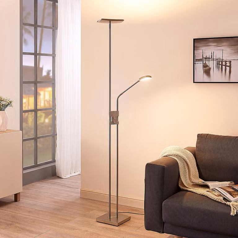 Lampada da terra con luce lettura Jonne Lindby, dimmerabile, Alluminio / Grigio / Zincato, Soggiorno / Sala da pranzo, Metallo, Moderno, Lampada LED da terra
