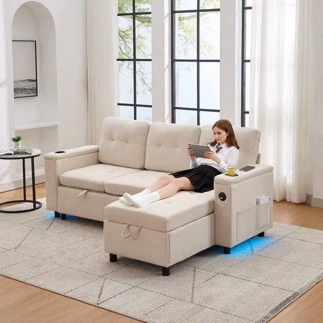 Divano letto Treviso ¨C Minimal ¨C beige con LED e contenitore 208x146x89,5 cm
