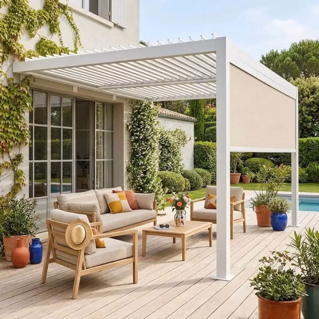 Pergola bioclimatica addossata SWEEEK in alluminio bianco con tenda 4m, L: 4 m, P: 3 m – 2
