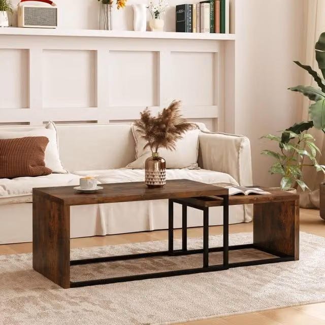 Tavolini bassi a incastro set di 2 con piano in MDF marrone rustico e struttura in metallo nero