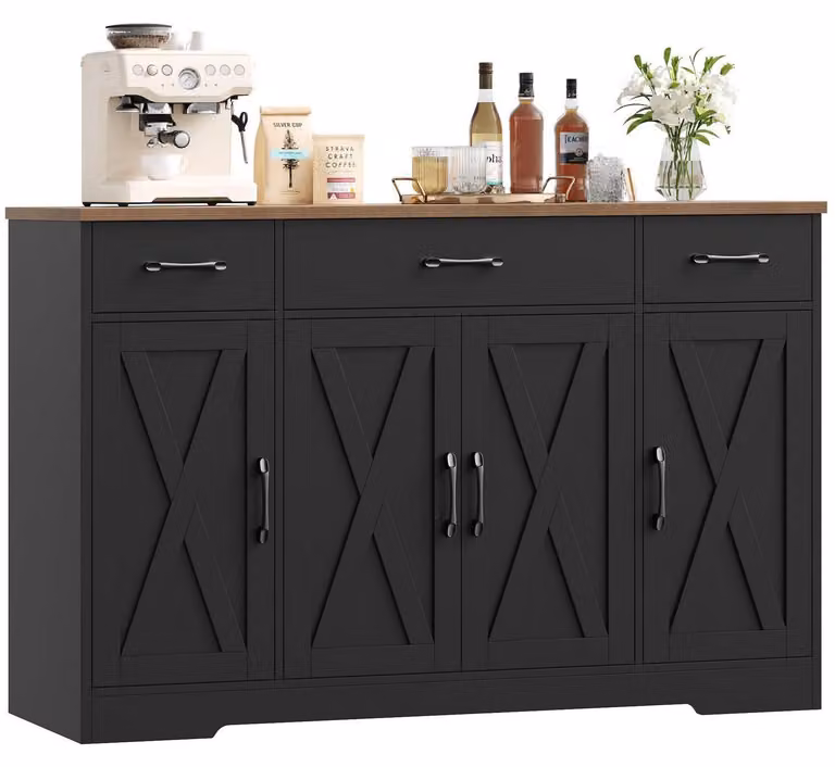 Mobile contenitore da 140 cm di larghezza, con 3 cassetti e 4 ante, disponibile nei colori nero e marrone