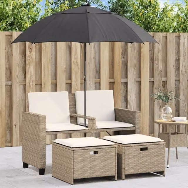 Divano Giardino 2Posti Ombrellone e Sgabelli Beige Polyrattan 365886