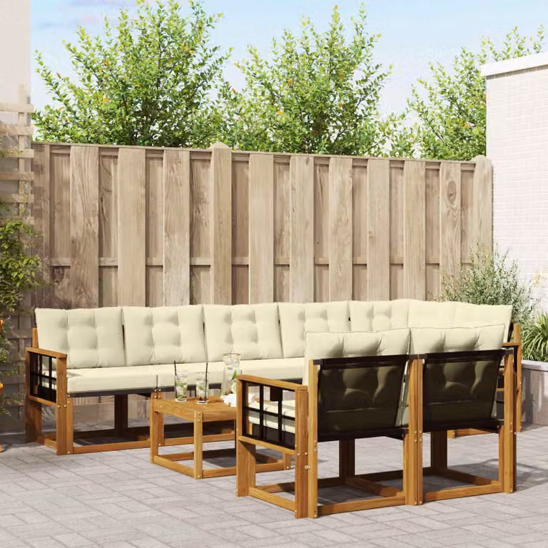 Set di divani da esterno vidaXL 9 pz in legno di acacia con cuscini e tavolino, colore beige e marrone