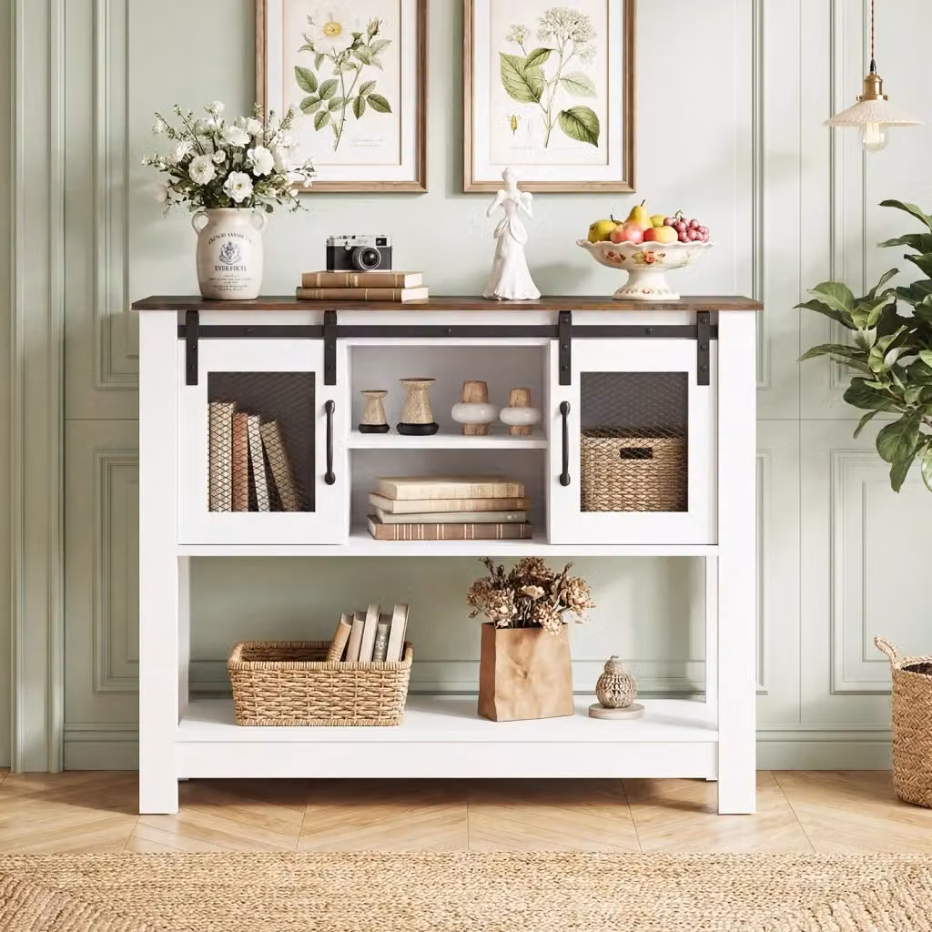 Credenza in legno e metallo in stile industrial con 2 ante scorrevoli per cucina, soggiorno o ingresso, Bianca e Marrone – 2