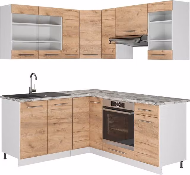 Cucina angolare completa Fame-Line Rovere dorato/Bianco 190 x 160 cm, PL Marmo Vicco