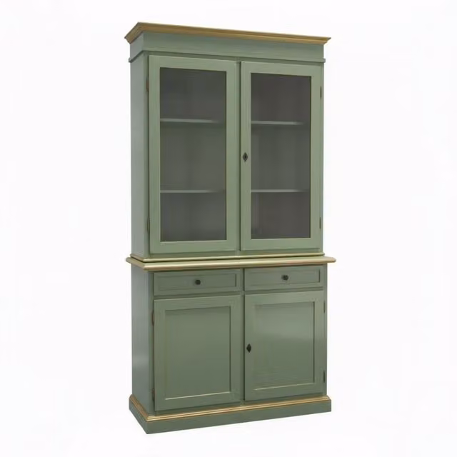 Cristalliera shabby chic in legno di pino con ante in vetro Mobili 2G verde salvia e oro L: 105 cm, P: 42 cm, H: 206 cm – 1