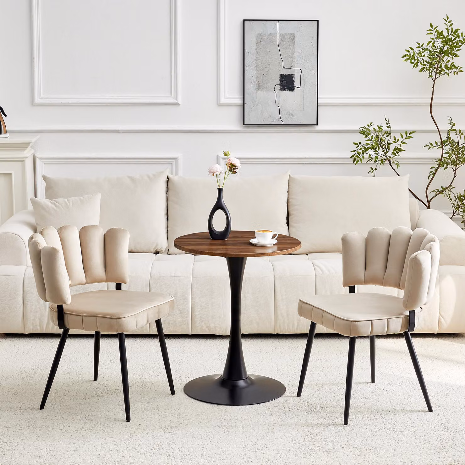 Set tavolo e sedie, tavolo rotondo da 60 cm, in MDF, 2 sedie imbottite, schienale a forma di petalo (colore: marrone chiaro, noce e nero)