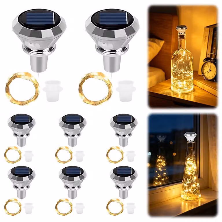 Luci solari per bottiglie, set da 8 pezzi, lunghezza 2 metri, 20 LED, luce bianco caldo, adatte per bottiglie