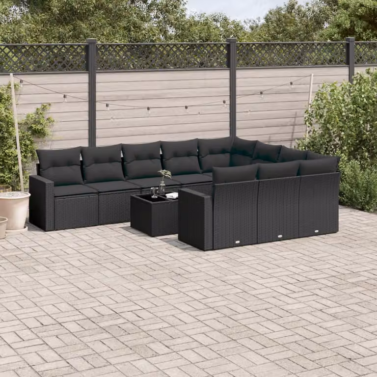 vidaXL Set Divani da Giardino 11 pz in Polyrattan Nero con Cuscini e Tavolino da Esterno