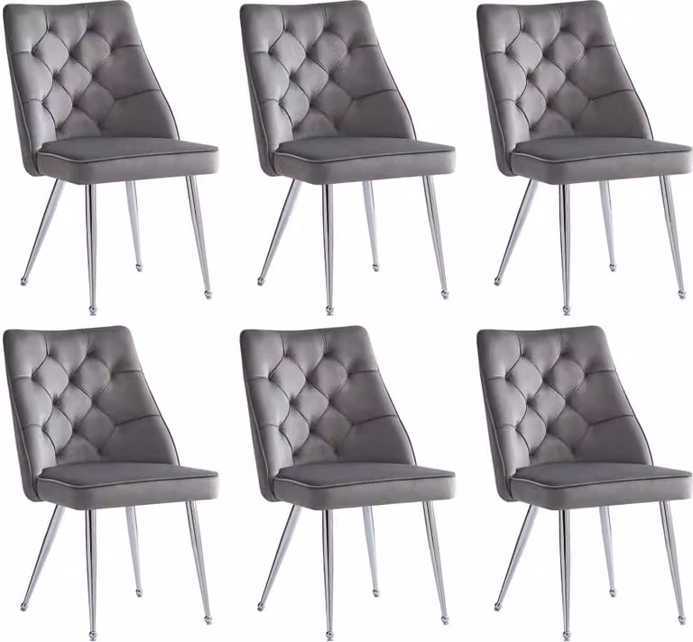 Sedia da pranzo AIORBER, set di 6, velluto, gambe in metallo argentato, cuscino in schiuma, design unico, per soggiorno, sala da pranzo, 50x60x87 cm, grigio