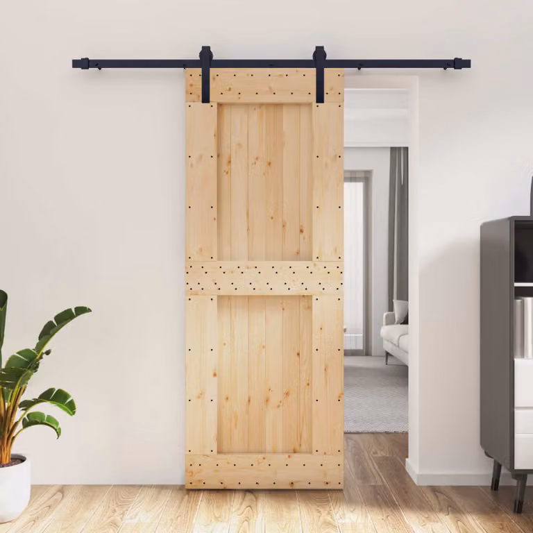 Porta scorrevole moderna vidaXL in legno di pino e metallo, Naturale e Nero, L: 80 cm, H: 210 cm