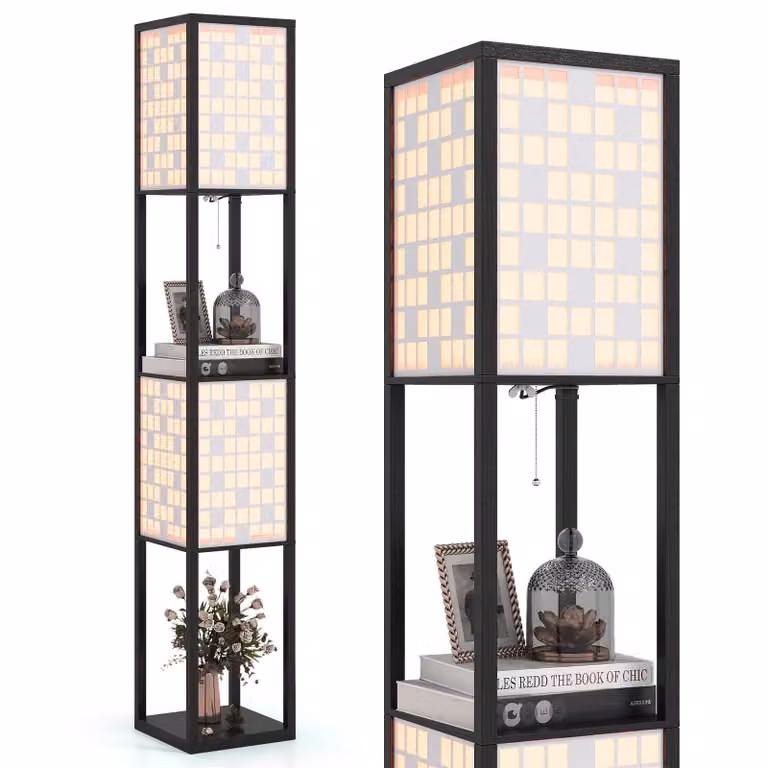 COSTWAY Lampada da terra a 2 fiamme 156cm con mensola, lampada da terra con 2 paralumi e interruttore a pedale, lampada a mensola in legno, lampada da terra, cubo
