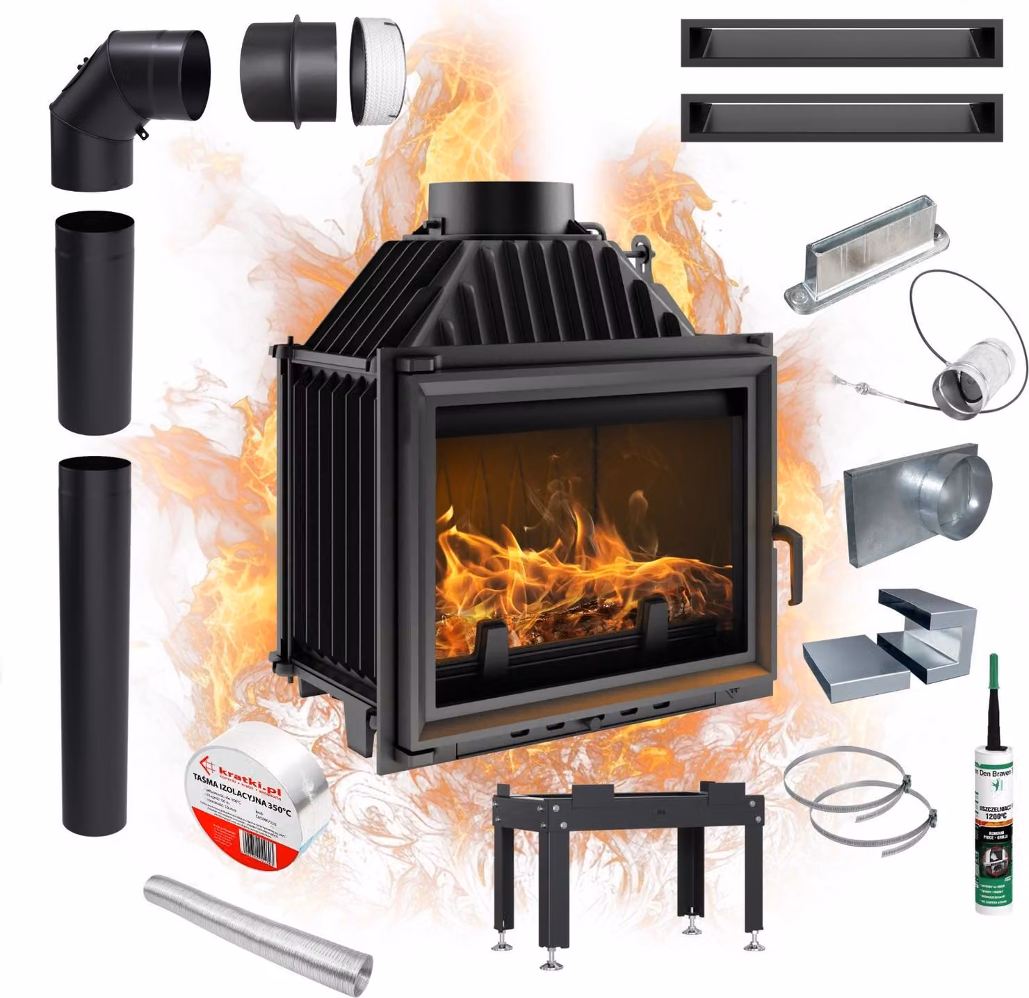 Caminetto in ghisa KRATKI MAJA 8kW Ø200 Set di montaggio con blocco porta
