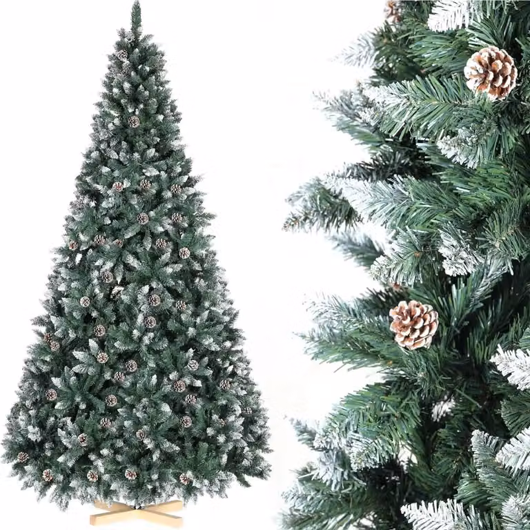 Albero di Natale artificiale - 210 cm - Abete canadese con effetto neve - Con pigne - Folto e rigoglioso - Materiale: PVC e PE - Verde con neve