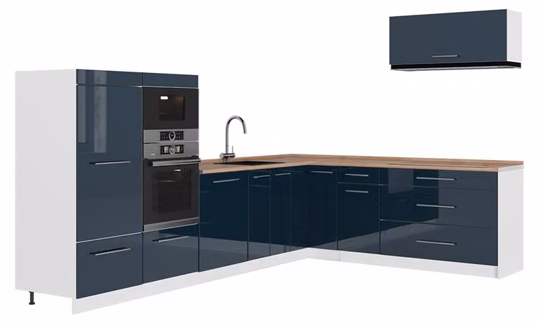 Cucina angolare completa Vicco Fame-Line Blu scuro lucido/Bianco 327 x 227 cm, PL Rovere, Model 64430