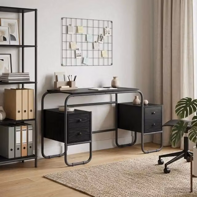 Scrivania moderna vidaXL con doppio mobile contenitore in nero e finitura opaca L/P/H: 145 x 60 x 75 cm