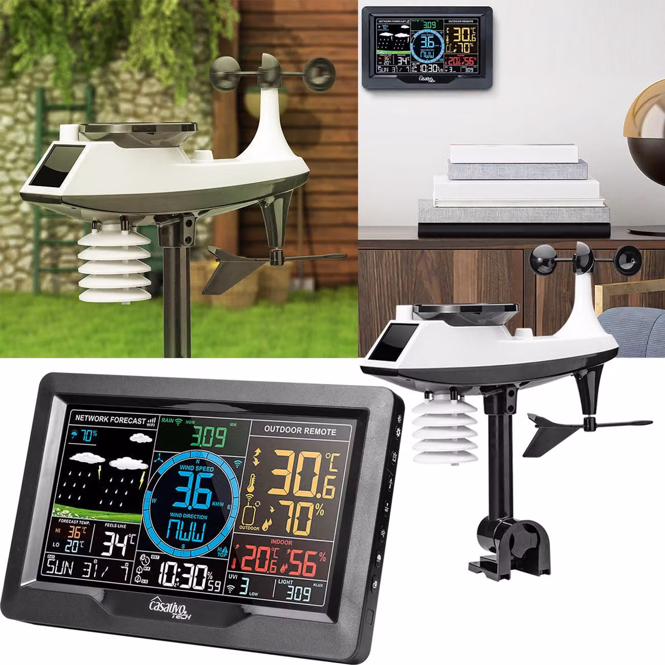 Stazione meteorologica Wi-Fi premium con display a colori XL, sensore esterno, dati tramite app, misurazione di temperatura, precipitazioni, velocità e direzione del vento, pressione atmosferica