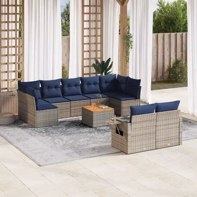 Set Divani da Giardino 10 pz con Cuscini Grigio in Polyrattan 3224717