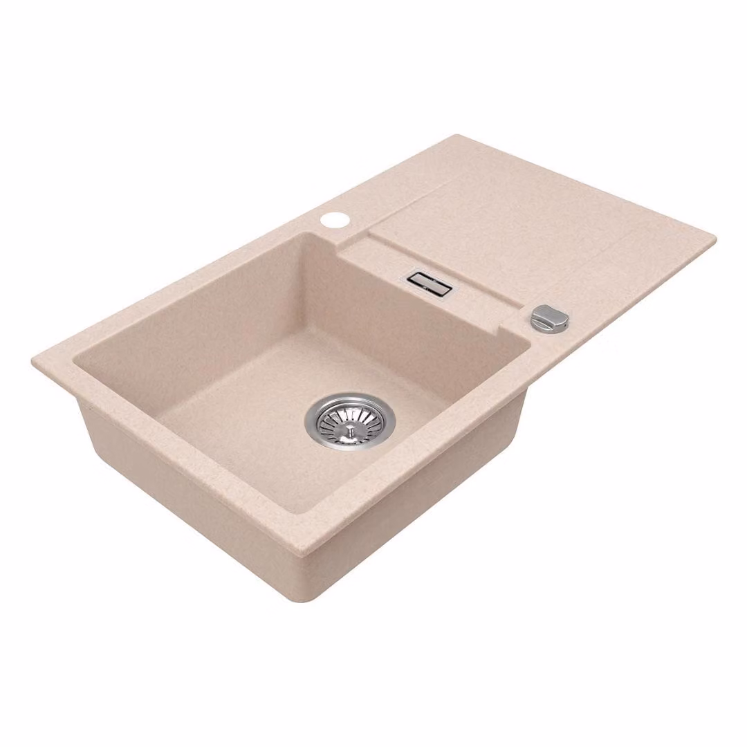 VBChome Lavello in granito 76 x 44 cm Beige Vasca singola Lavello da incasso Reversibile Spruzzato Lavello facile da pulire con sifone Ideale per cucine piccole