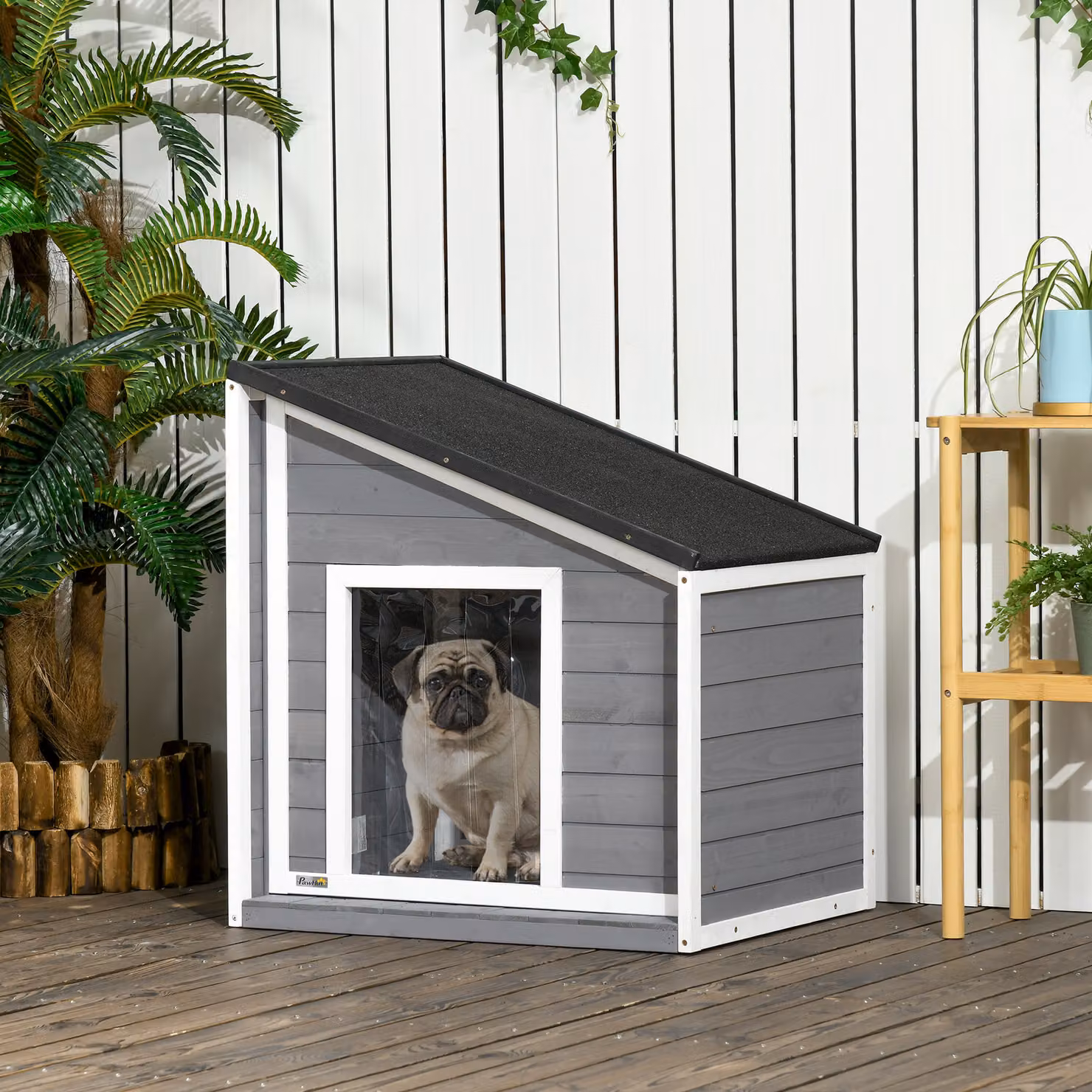 Cuccia per cani PawHut in legno massello resistente alle intemperie con tetto in asfalto rimovibile, Grigio e Bianco, L: 71 cm, P: 58 cm, H: 77 cm – 2