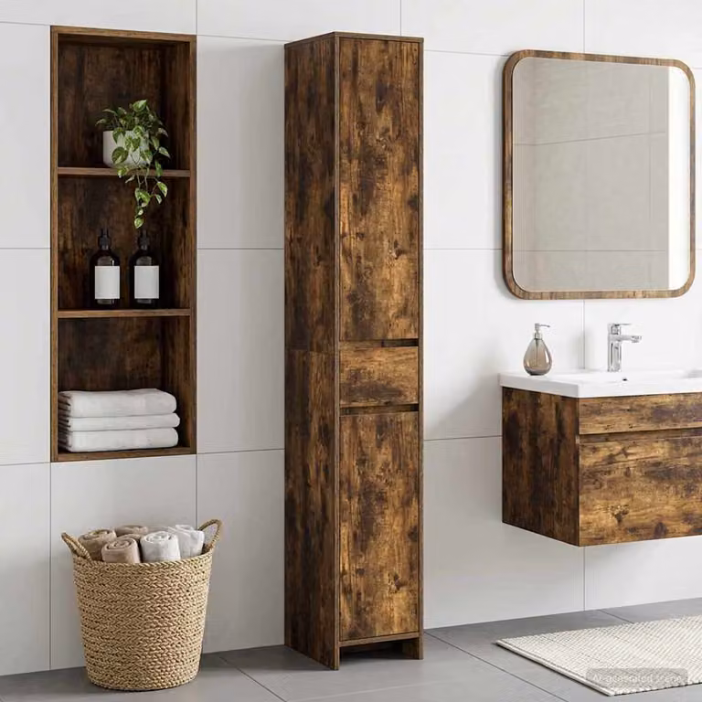 Mobile da bagno moderno vidaXL in legno Rovere Fumo con ante a battente, L/P/H: 30 x 33 x 190 cm