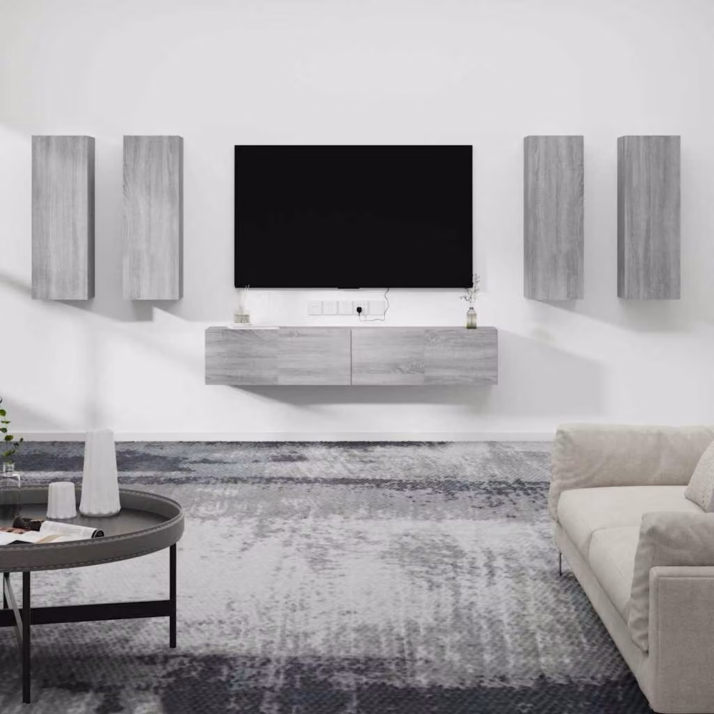 vidaXL Set di Mobili Porta TV 6 pz Grigio in Legno Multistrato con Supporto a Parete – 1