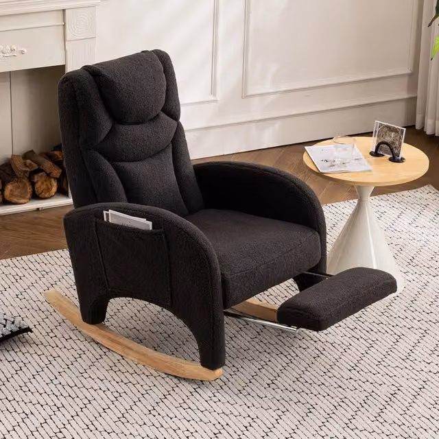 Poltrona a dondolo con poggiapiedi pieghevole e schienale ergonomico in tessuto teddy grigio scuro 110 kg