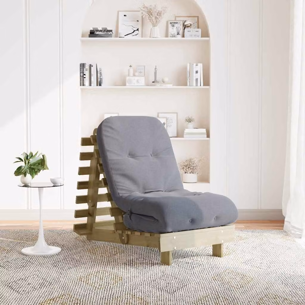vidaXL Divano Letto Futon in Pino Impregnato con Materasso in Schiuma, Colore Grigio e Marrone, L/P/H: 206 x 60 x 11 cm – 1