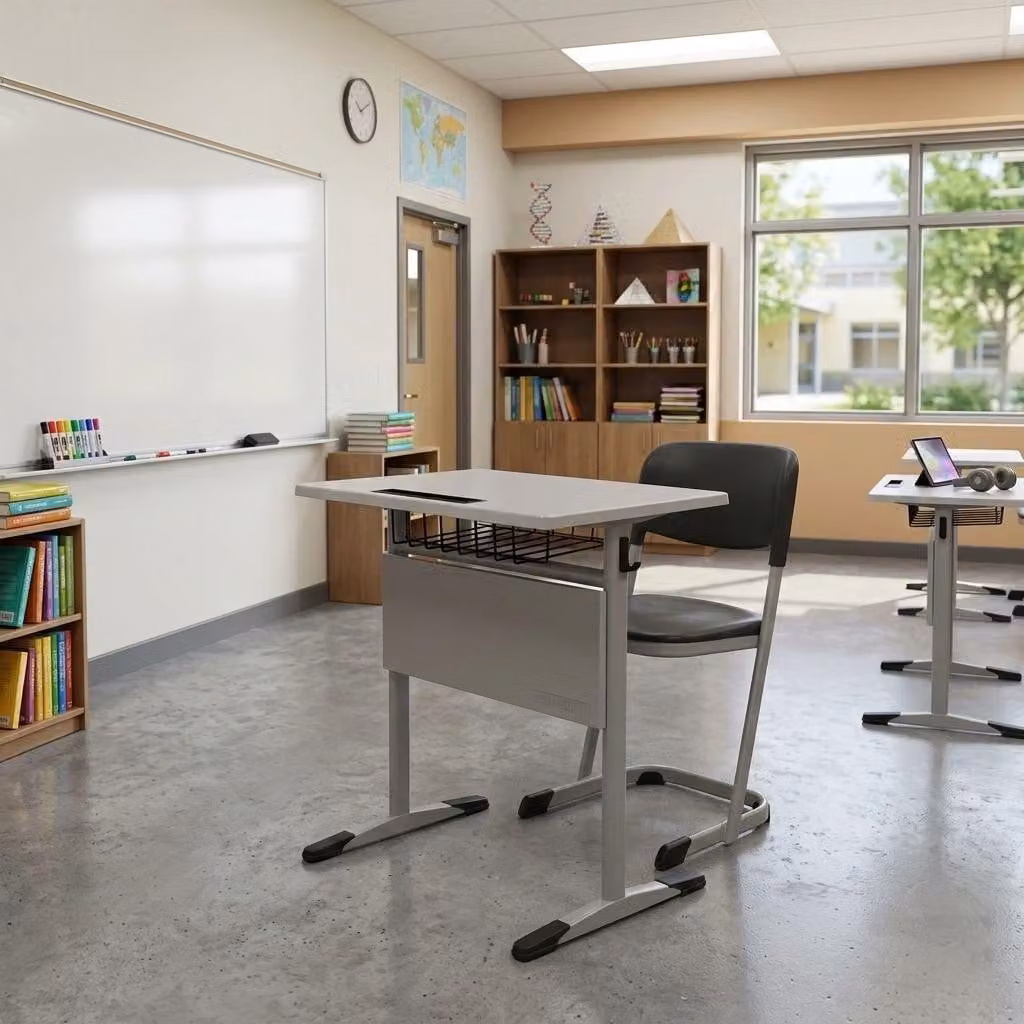 Set completo di arredi scolastici: tavolo per studenti con sedia, robusto e dal design moderno