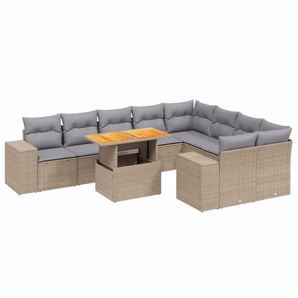 vidaXL Set Divano da Giardino a L 10 pz con Cuscini Beige e Tavolino in Polyrattan e Legno di Acacia – 2