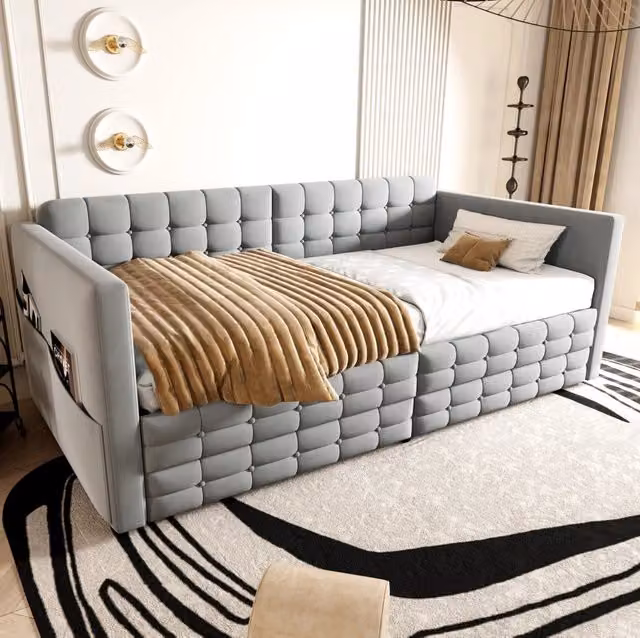 Letto imbottito 90 x 190 cm con 2 cassetti e tasche laterali; velluto grigio chiaro