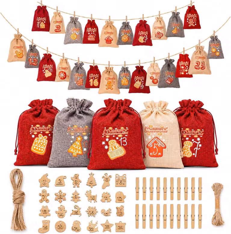 Calendario dell'Avvento con sacchetti di juta, 24 pezzi, dimensioni 10x14 cm, con graffette in legno e pannelli decorativi, ideali per decorazioni personalizzate