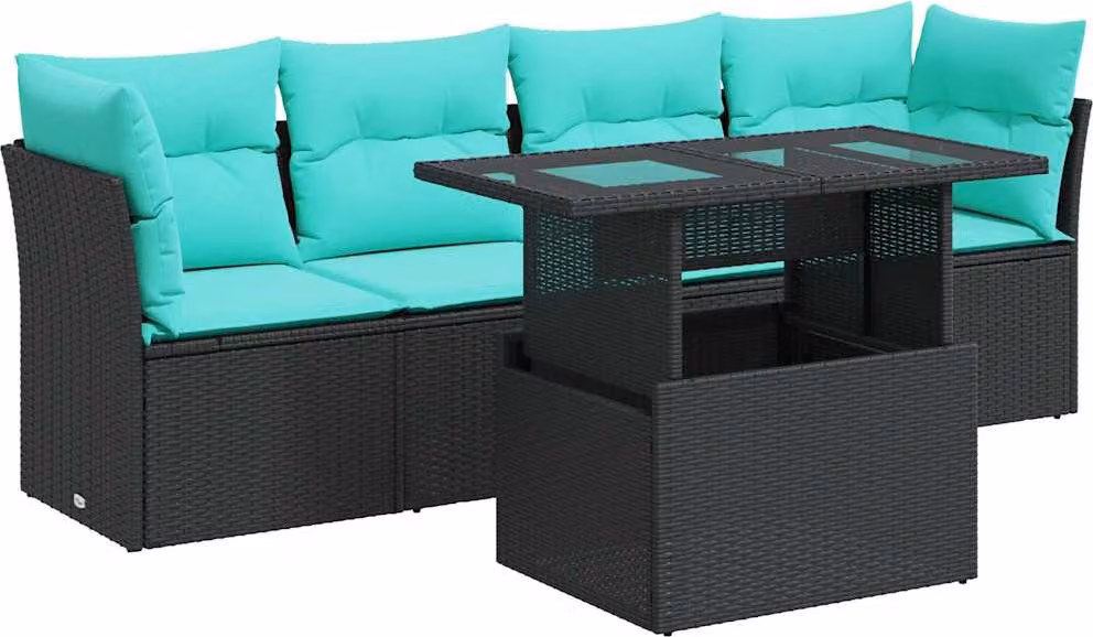 Set Divani da Giardino 5 pz con Cuscini Nero Polyrattan Acacia