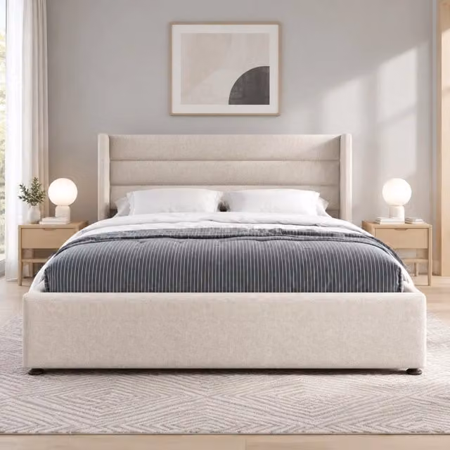 Letto contenitore imbottito idraulico 160x200 cm beige con rete in legno e struttura in metallo