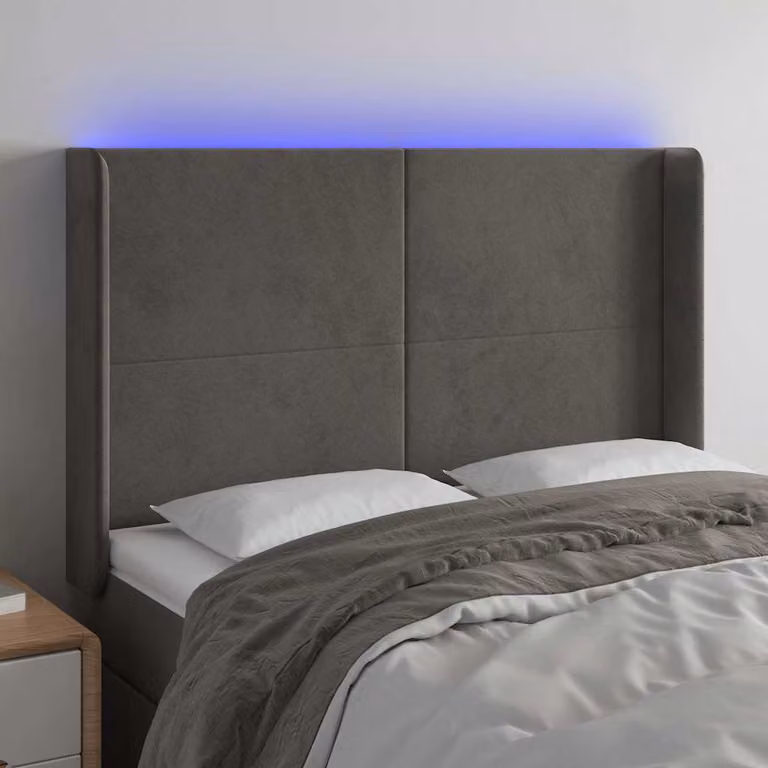 vidaXL Testiera per letto in velluto grigio con illuminazione LED e porta di ricarica USB, L: 147 cm, P: 16 cm, H: 118-128 cm