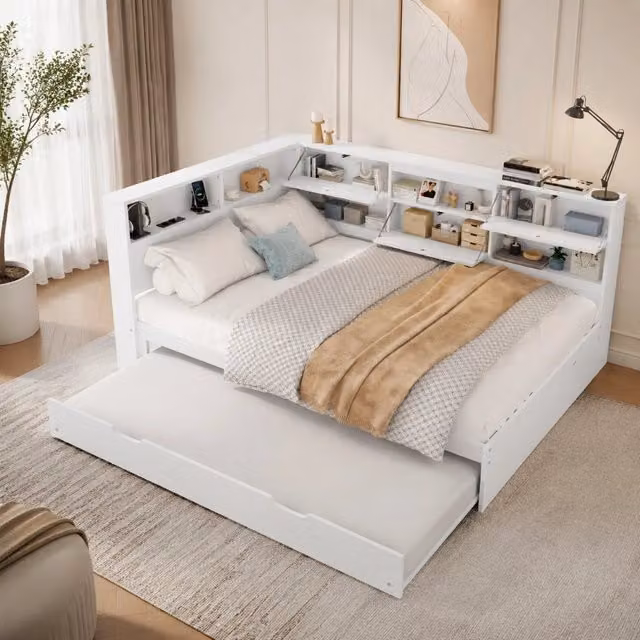 Letto daybed moderno con letto estraibile e testiera con contenitore, porta USB/Type-C e ripiani laterali, colore bianco, L/P/H: 200 x 140 cm