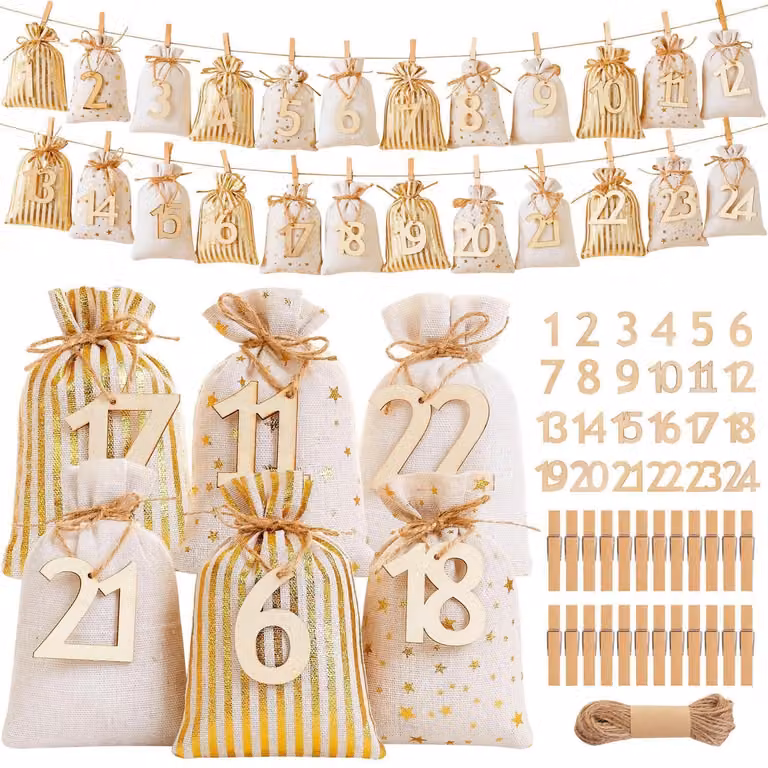 Calendario dell'Avvento da riempire: 24 sacchetti di tessuto con numeri, fai da te, colori oro, beige e giallo, dimensioni 15x10 cm